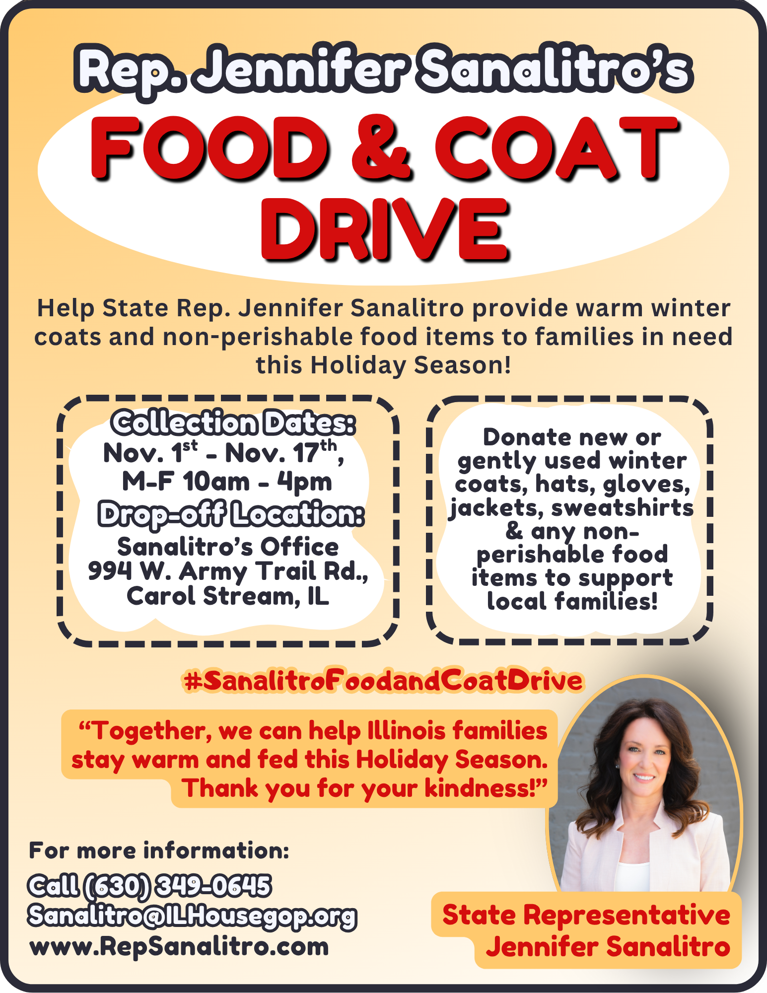 Rep. Jennifer Sanalitro Launches 3rd Annual Food and Coat Drive to Support Local Families This Holiday Season